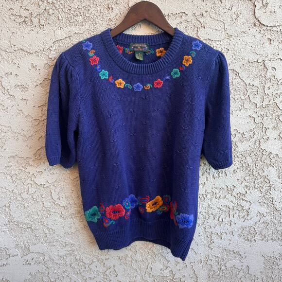 Charter Club Vintage Flower Knit Short Sleeve Sweater Size Medium - Picture 1 of 5